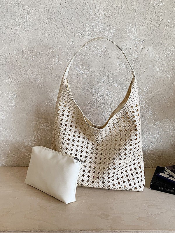 Women's Hollow Woven Bucket Tote Bag | PU Leather Magnetic Clasp Handbag