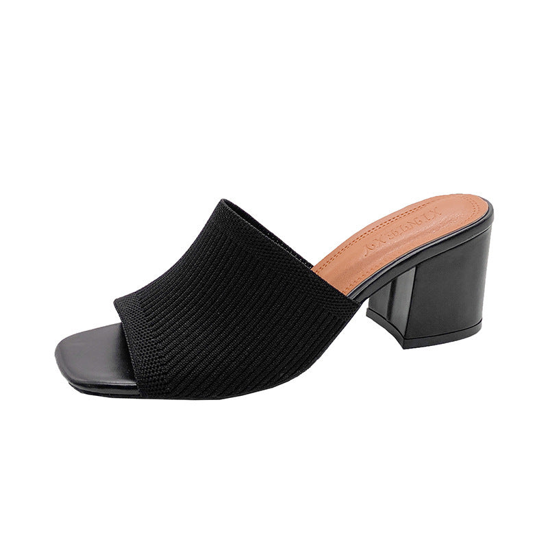 Women's Open Toe Knit Block Heel Sandals | Chunky Wedge Slip-On Heels
