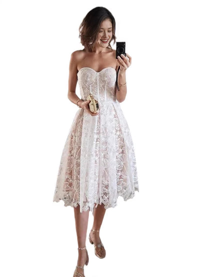 Women's Strapless Lace Tube Top Midi Dress | A-Line Chiffon Dress