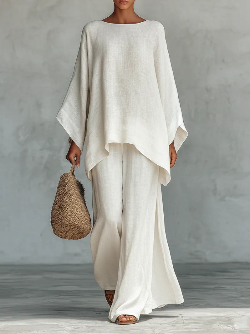Women's Cotton Linen Wide Leg Pants & Top Set | Casual Resort Suit