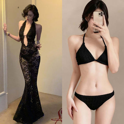 Women's Lace Halter Bikini & Maxi Skirt Set | Three-Piece Beach Swimwear