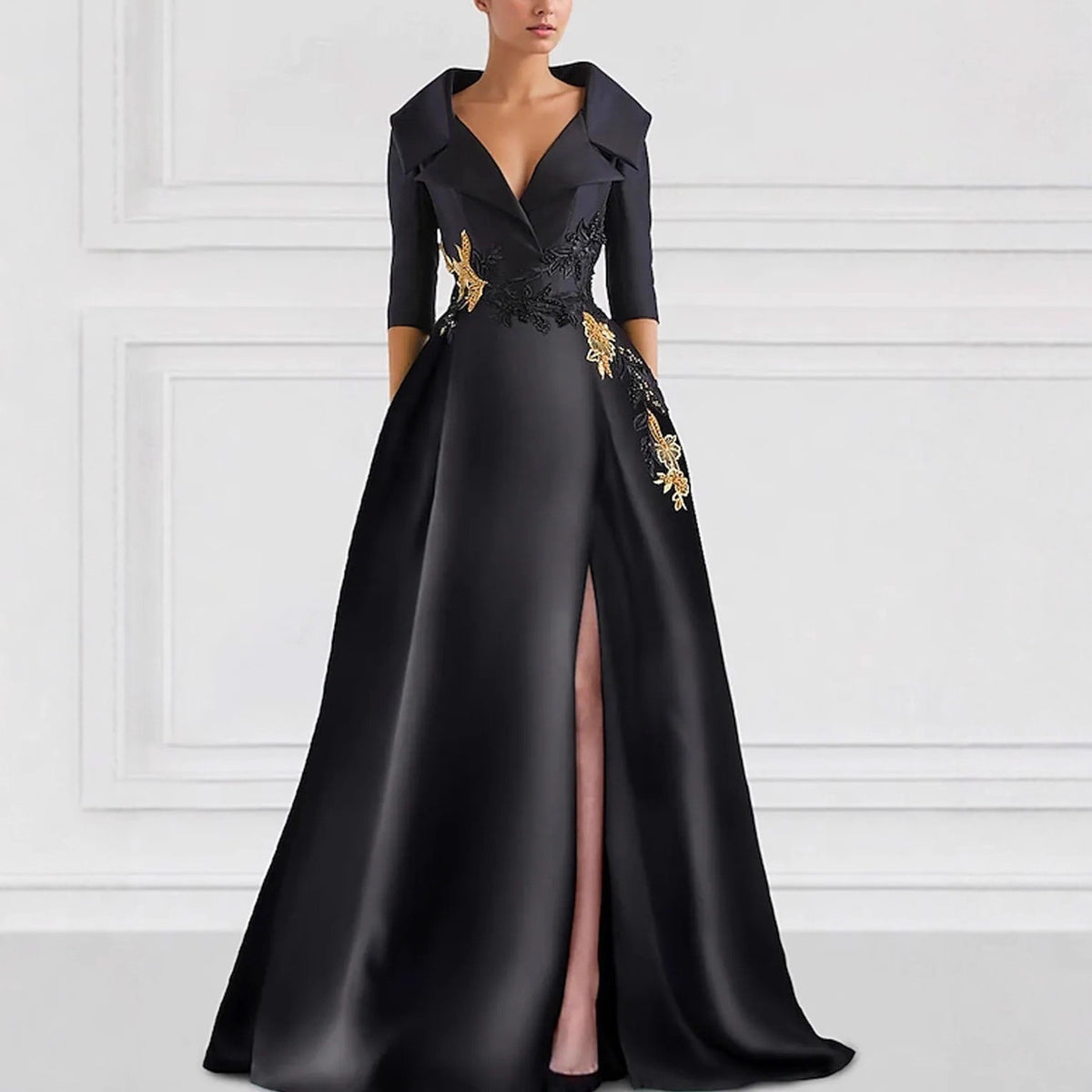Women's V-Neck Long Sleeve High Slit Evening Gown | A-Line Formal Maxi Dress