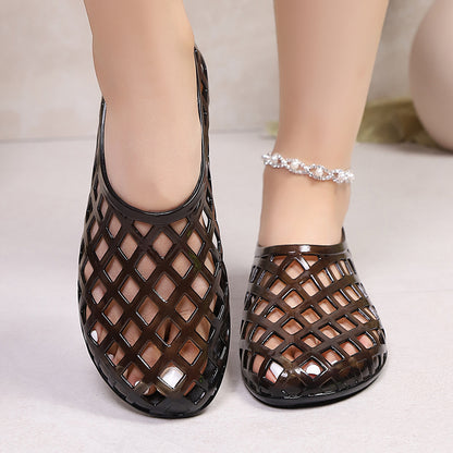 Women's Woven PVC Jelly Flats | Square Toe Summer Slip-On Shoes