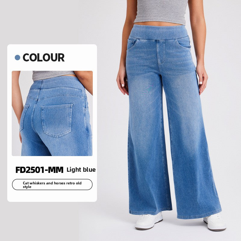 Women's High Waist Wide Leg Stretch Jeans | Pull-On Casual Denim Pants