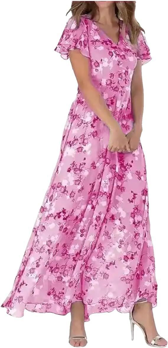 Women's Chiffon Floral Print Ruffle Maxi Dress | V-Neck Short Sleeve Summer Dress