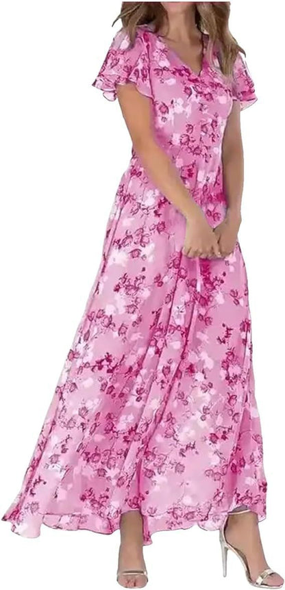 Women's Chiffon Floral Print Ruffle Maxi Dress | V-Neck Short Sleeve Summer Dress