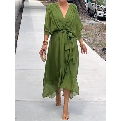 Women's Bat Sleeve V-Neck Chiffon Maxi Dress | High Waist Irregular Hem