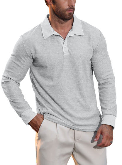 Men's Waffle Knit Long Sleeve Polo Shirt | Textured Casual Collar Top