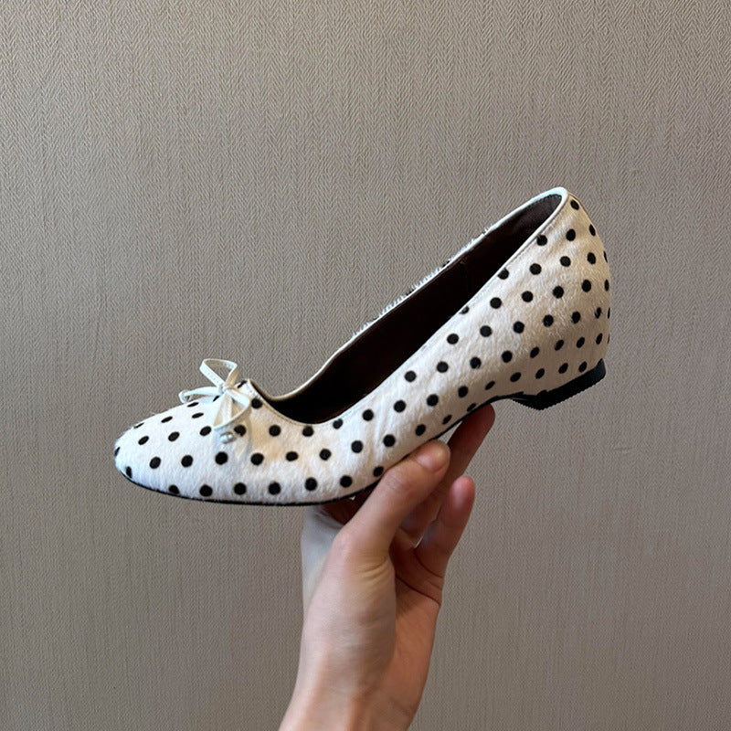Women's Polka Dot Bow Mary Jane Flats | Mid Heel Round Toe PU Dress Shoes
