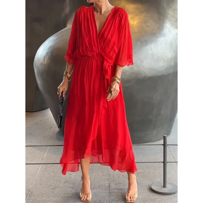 Women's Bat Sleeve V-Neck Chiffon Maxi Dress | High Waist Irregular Hem