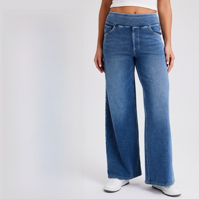 Women's High Waist Wide Leg Stretch Jeans | Pull-On Casual Denim Pants