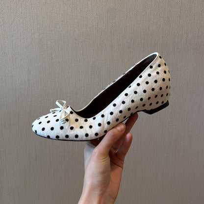 Women's Polka Dot Bow Mary Jane Flats | Mid Heel Round Toe PU Dress Shoes