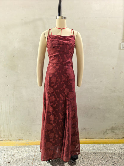 Women's Lace A-Line Evening Gown | Backless Spaghetti Strap Formal Maxi Dress