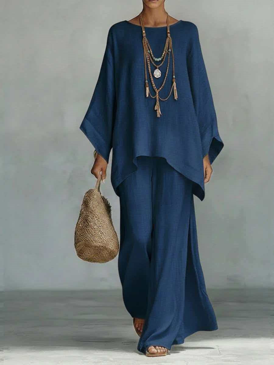 Women's Cotton Linen Wide Leg Pants & Top Set | Casual Resort Suit