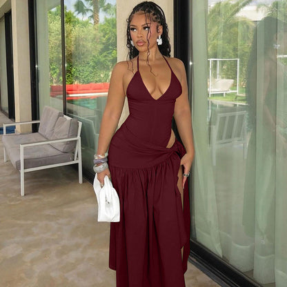 Women's Halter V-Neck Backless Maxi Dress Set | Two-Piece Lace-Up Resort Outfit