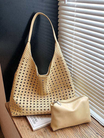 Women's Hollow Woven Bucket Tote Bag | PU Leather Magnetic Clasp Handbag