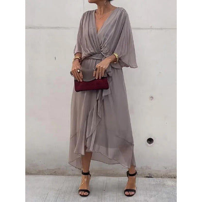Women's Bat Sleeve V-Neck Chiffon Maxi Dress | High Waist Irregular Hem