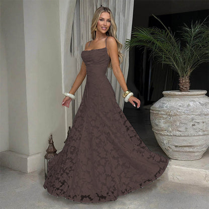 Women's Lace A-Line Evening Gown | Backless Spaghetti Strap Formal Maxi Dress