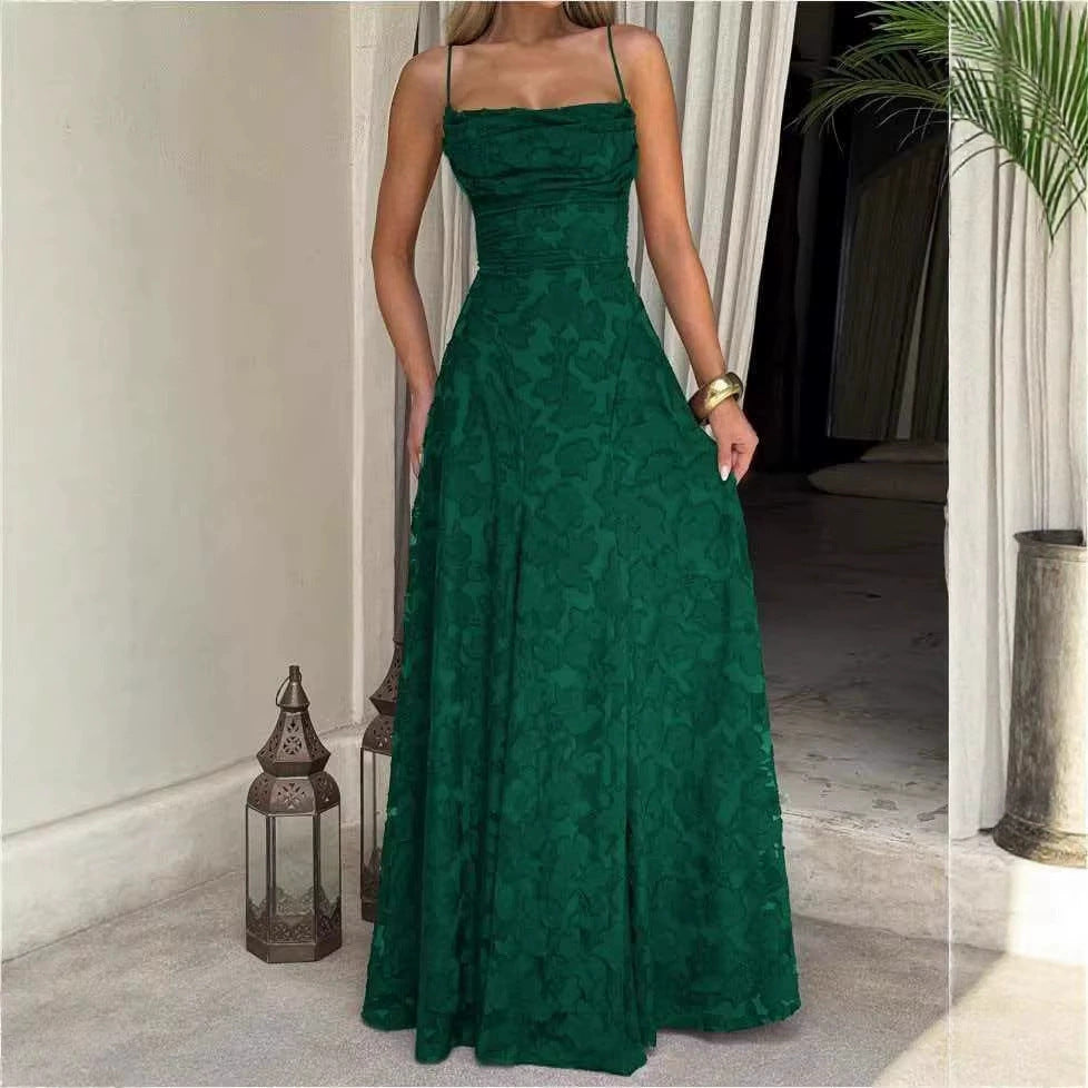 Women's Lace A-Line Evening Gown | Backless Spaghetti Strap Formal Maxi Dress