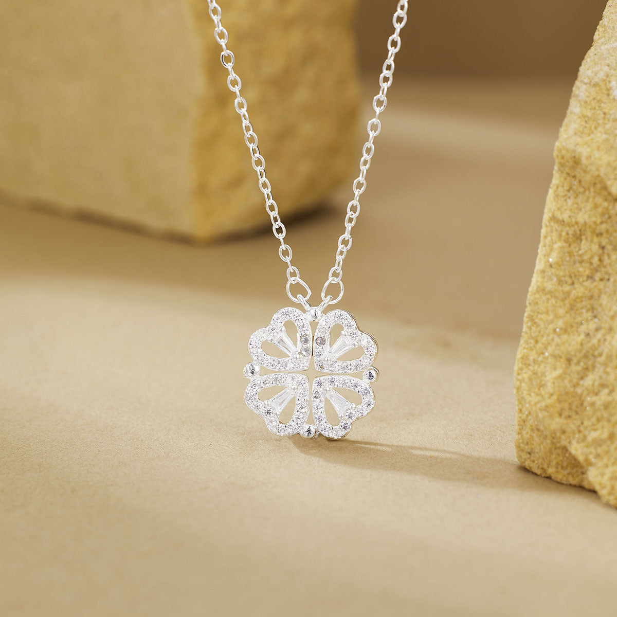Four-Leaf Clover Heart Pendant Necklace | Crystal-Style Copper Charm