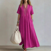 Women's Cotton Linen V-Neck Maxi Dress | Boho Casual Summer Dress