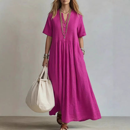 Women's Cotton Linen V-Neck Maxi Dress | Boho Casual Summer Dress