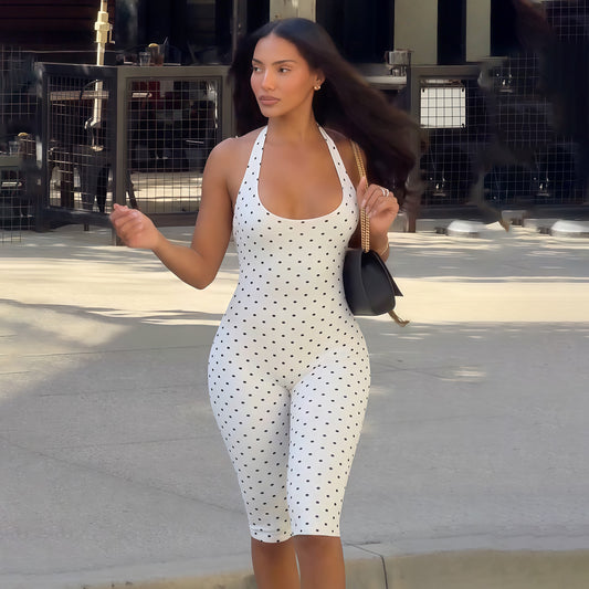 Women's Polka Dot Halter Neck Romper | Backless One-Piece Summer Outfit