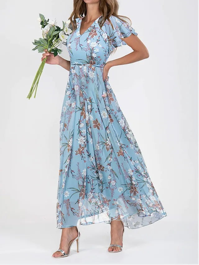 Women's Chiffon Floral Print Ruffle Maxi Dress | V-Neck Short Sleeve Summer Dress