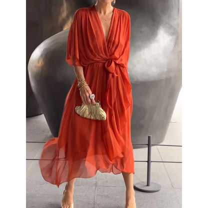 Women's Bat Sleeve V-Neck Chiffon Maxi Dress | High Waist Irregular Hem