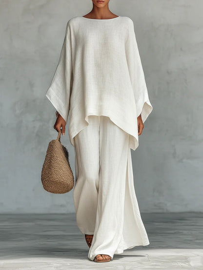 Women's Cotton Linen Wide Leg Pants & Top Set | Casual Resort Suit