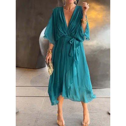 Women's Bat Sleeve V-Neck Chiffon Maxi Dress | High Waist Irregular Hem