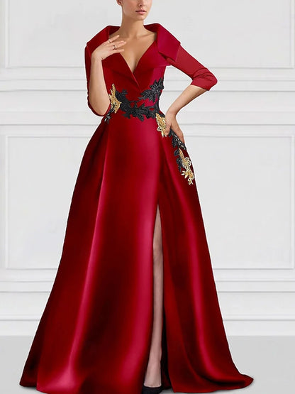Women's V-Neck Long Sleeve High Slit Evening Gown | A-Line Formal Maxi Dress