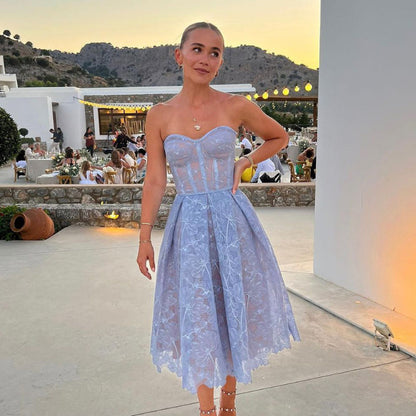 Women's Strapless Lace Tube Top Midi Dress | A-Line Chiffon Dress