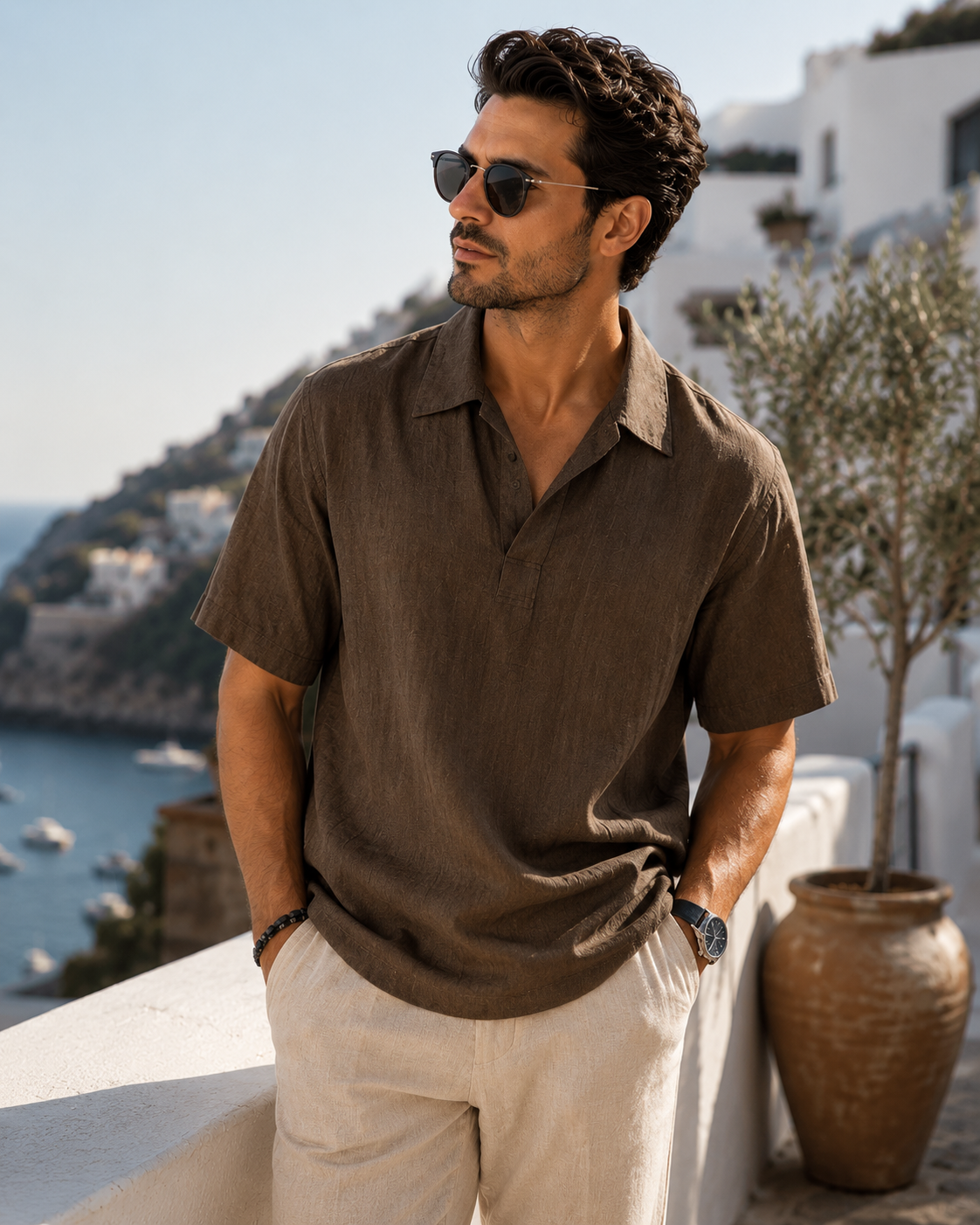 Men's V-Neck Short Sleeve Shirt | Lightweight Linen Blend Summer Top