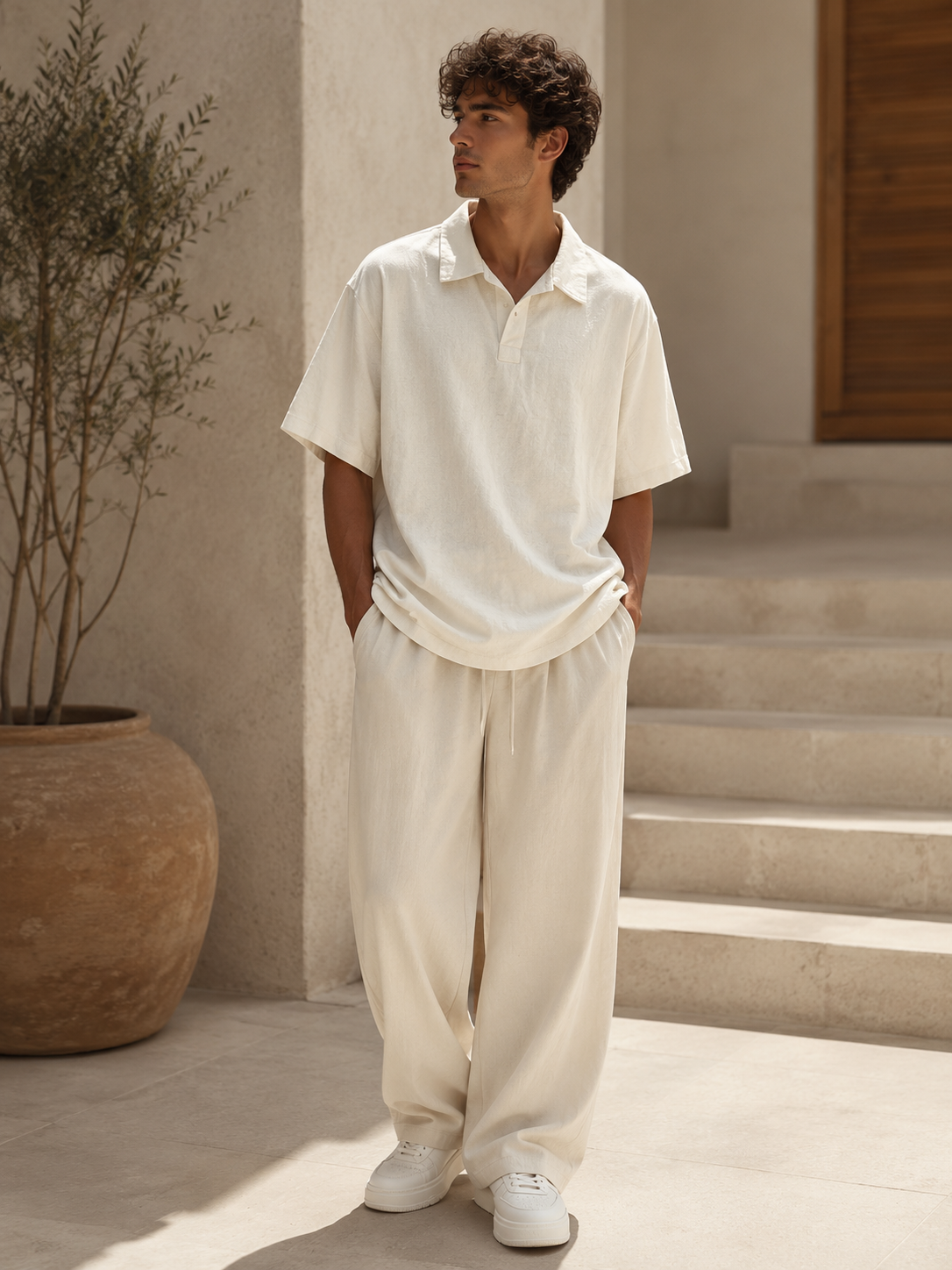 Men's Linen Polo Shirt & Wide-Leg Pants Set | Lightweight Summer Resort Outfit