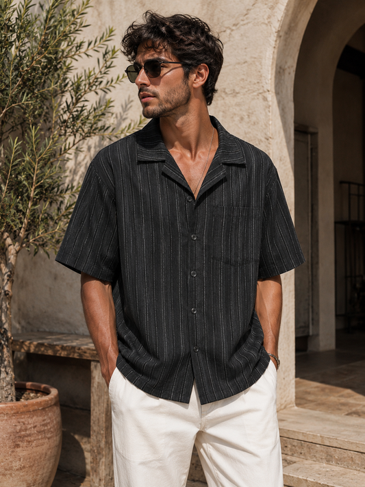 Men's Striped Cuban Collar Short Sleeve Resort Shirt | Relaxed Fit Button-Up