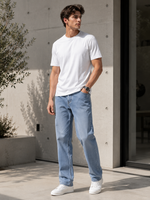 Men's Light Wash Straight Leg Stretch Jeans | Relaxed Fit Casual Denim Pants