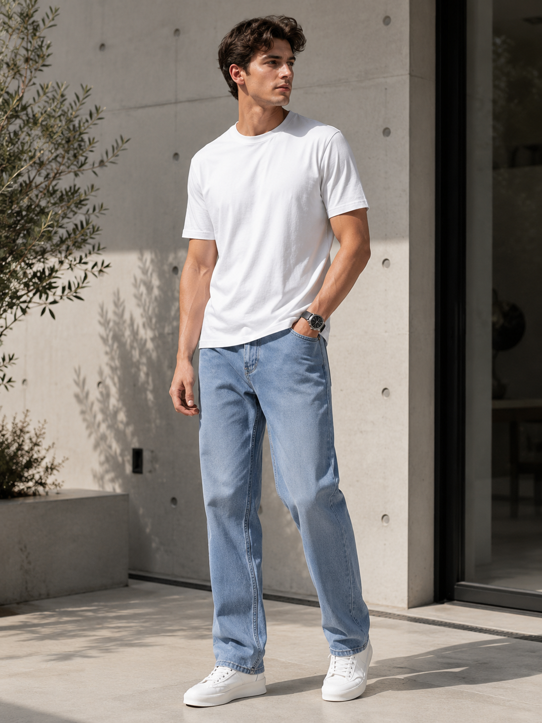 Men's Light Wash Straight Leg Stretch Jeans | Relaxed Fit Casual Denim Pants