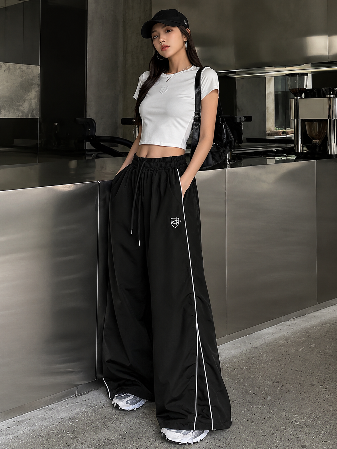 Women's Wide Leg Striped Casual Track Pants | Cotton Blend Streetwear Trousers