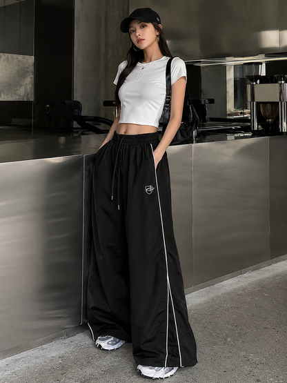 Women's Wide Leg Striped Casual Track Pants | Cotton Blend Streetwear Trousers