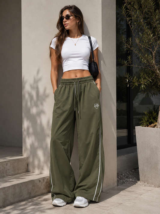 Women's Wide Leg Striped Casual Track Pants | Cotton Blend Streetwear Trousers