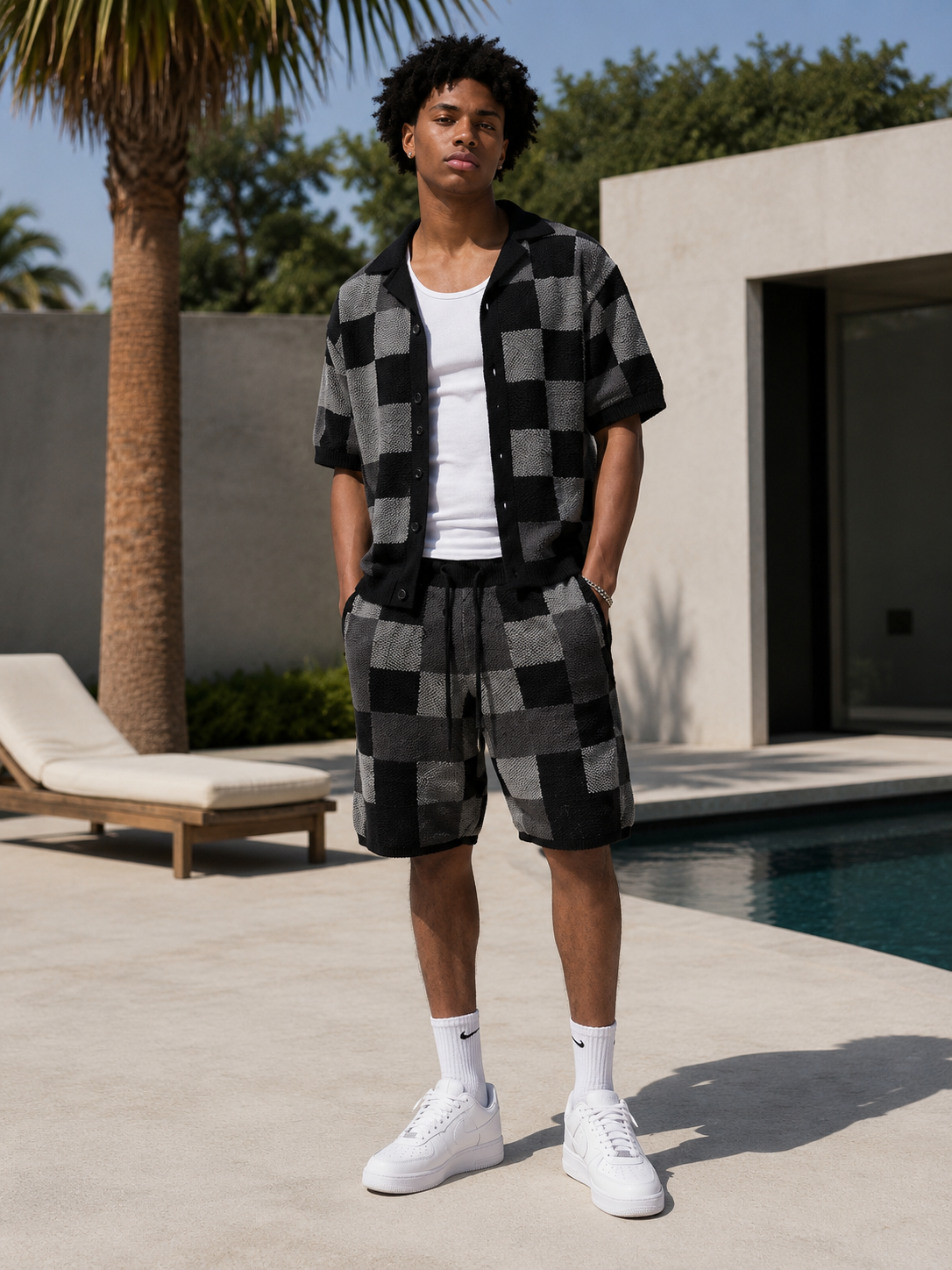Men's Checkered Jacquard Shirt & Shorts Set | Relaxed Summer Co-Ord