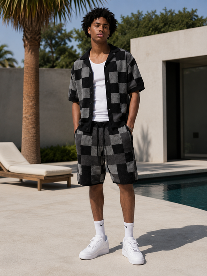 Men's Checkered Jacquard Shirt & Shorts Set | Relaxed Summer Co-Ord