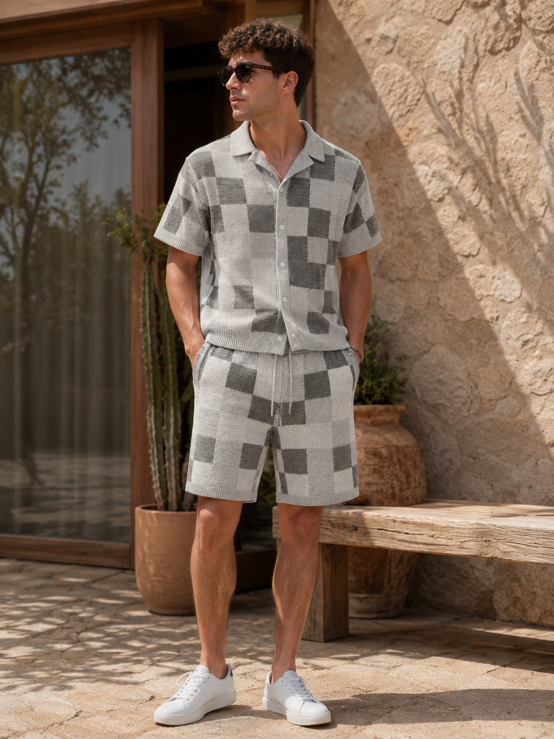 Men's Checkered Jacquard Shirt & Shorts Set | Relaxed Summer Co-Ord