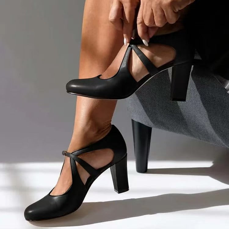 Women's T-Strap Block Heel Pumps | Buckle Round Toe Dress Heels