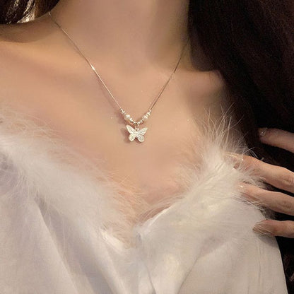Butterfly Pearl Bow Pendant Necklace | Alloy Clavicle Chain Jewelry
