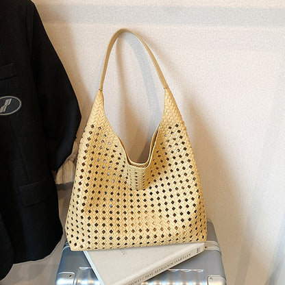 Women's Hollow Woven Bucket Tote Bag | PU Leather Magnetic Clasp Handbag