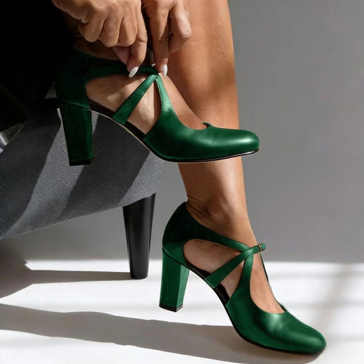 Women's T-Strap Block Heel Pumps | Buckle Round Toe Dress Heels