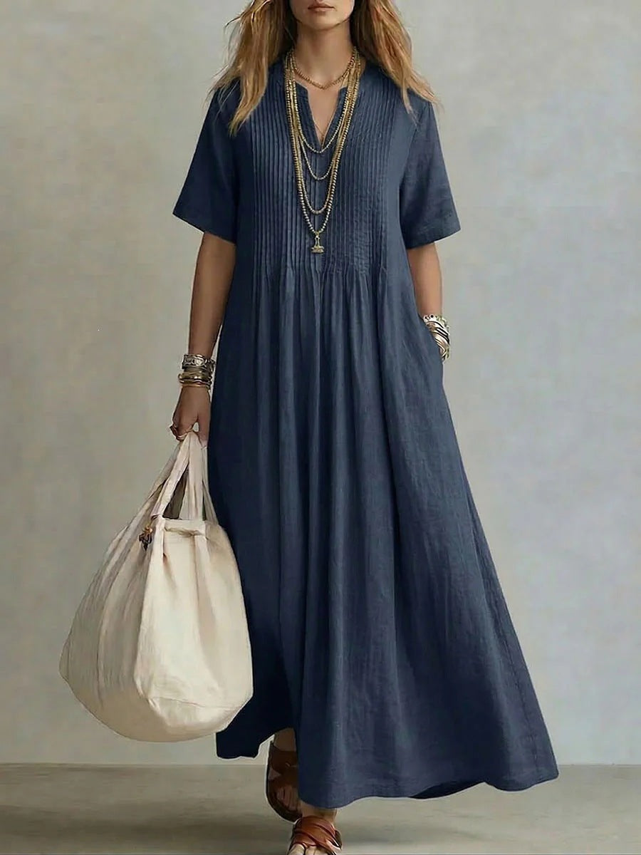 Women's Cotton Linen V-Neck Maxi Dress | Boho Casual Summer Dress