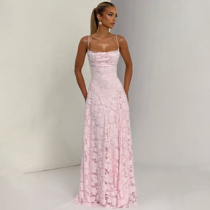Women's Lace A-Line Evening Gown | Backless Spaghetti Strap Formal Maxi Dress